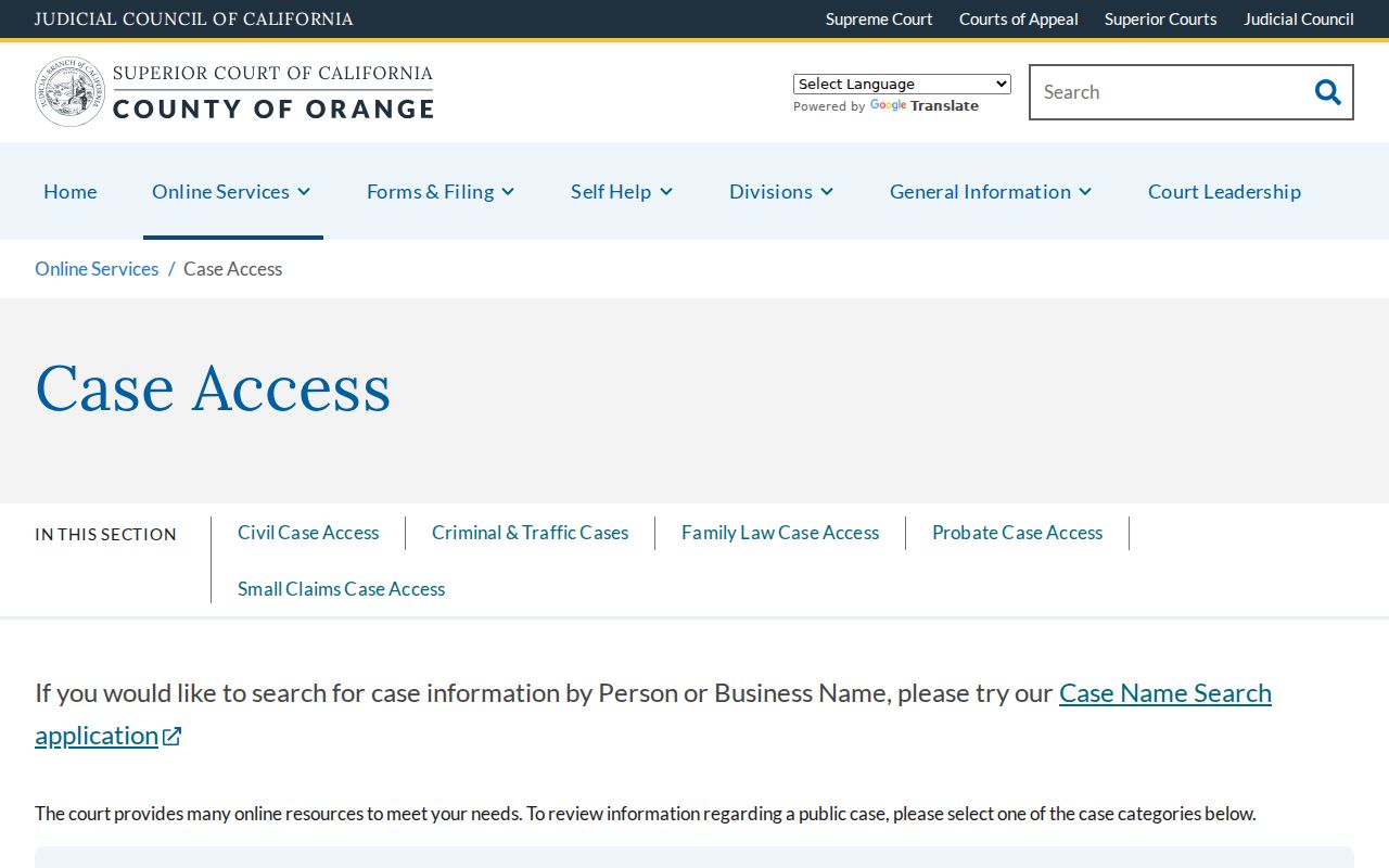 Orange County Superior Court case access choices