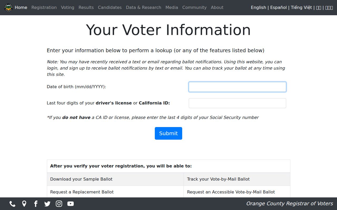 Orange County voter information self-lookup screen