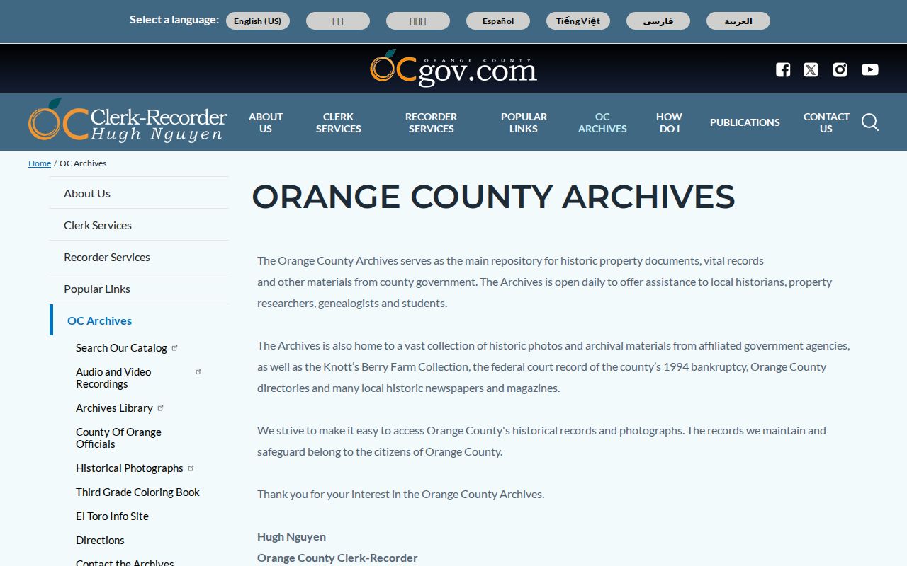 Orange County Archives holdings and research entry point