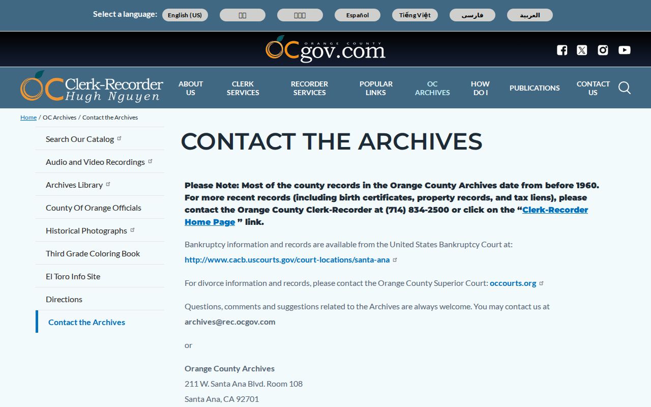 Orange County Archives contact and research information