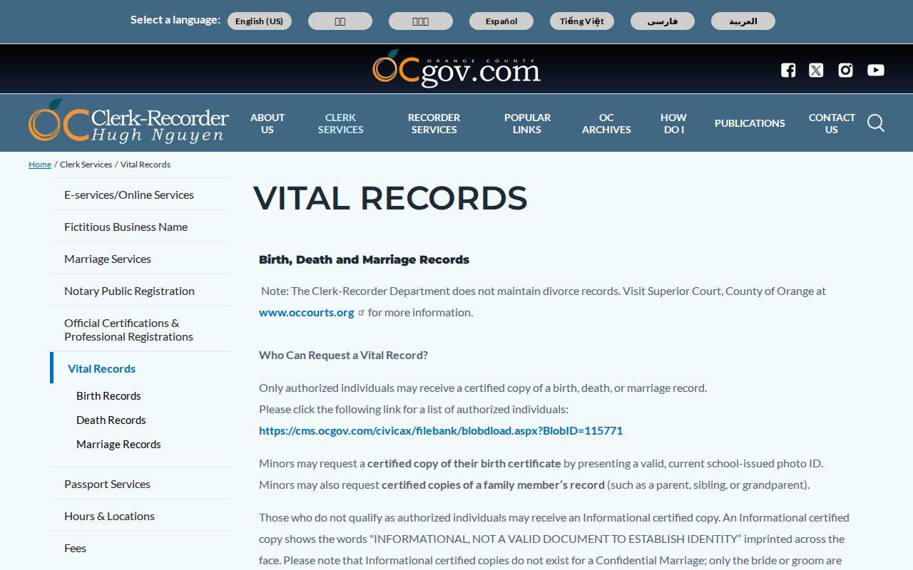 Orange County vital records request information