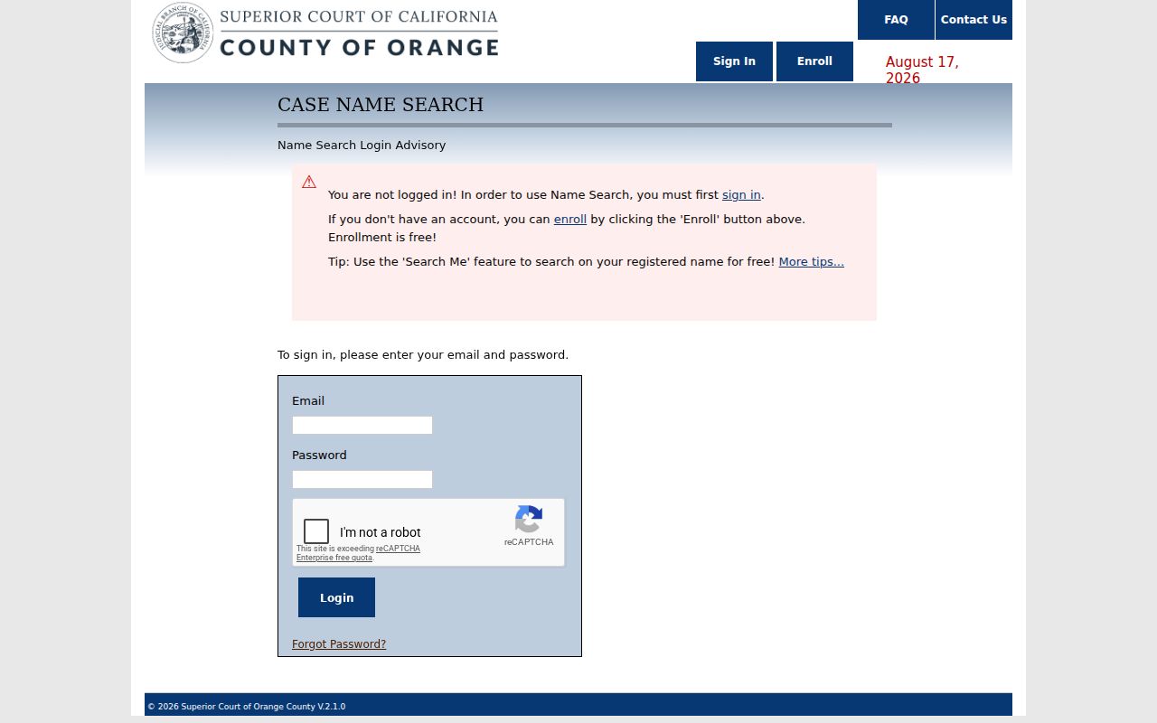 Orange County Superior Court resident name search entry point