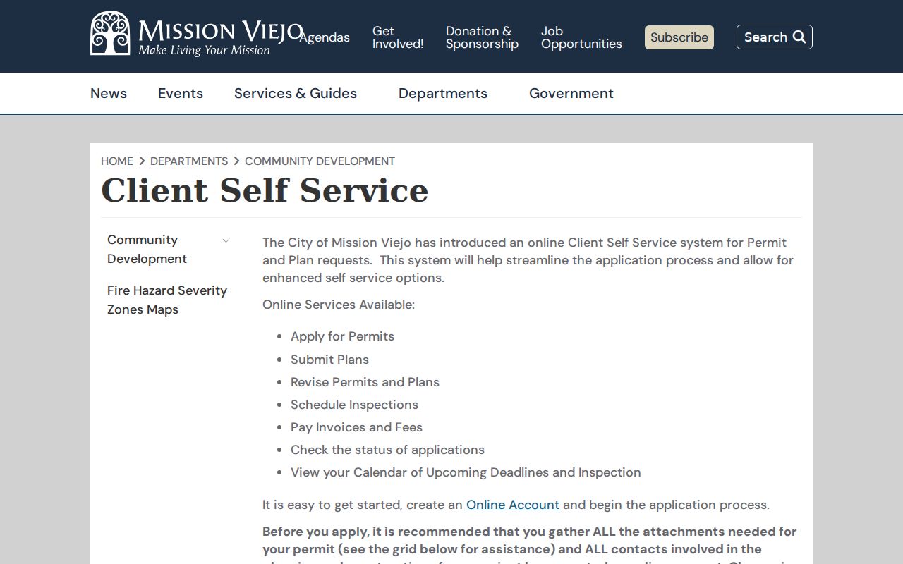 Mission Viejo building permit client self service instructions