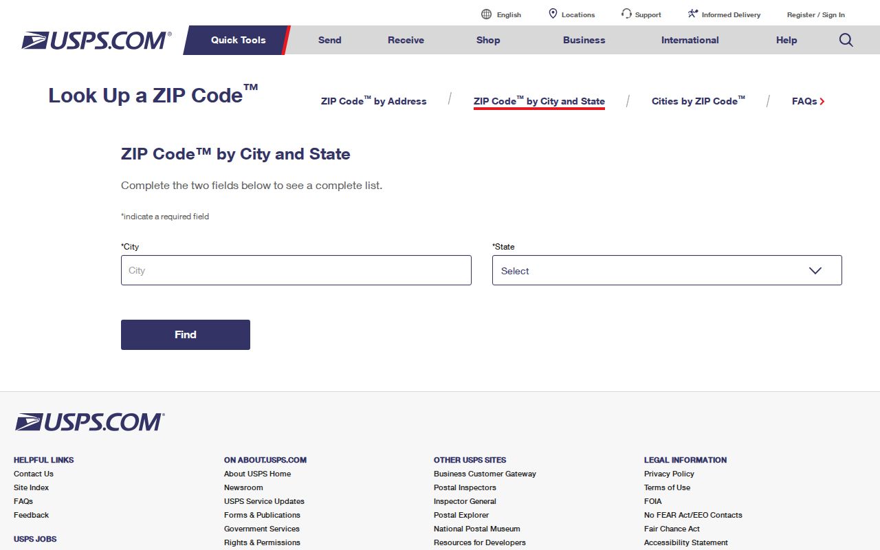USPS city and state ZIP lookup form