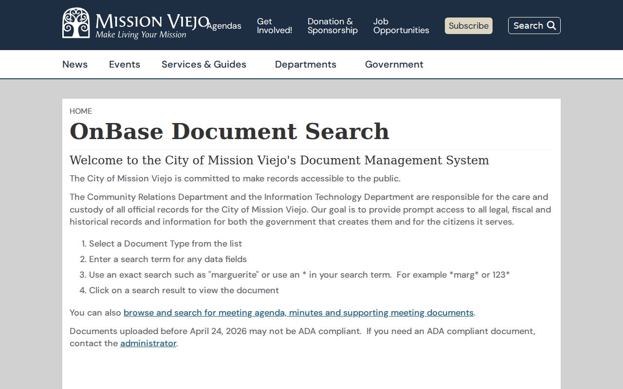 Mission Viejo municipal document search entry point