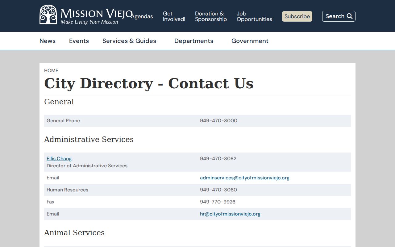 Mission Viejo city department directory